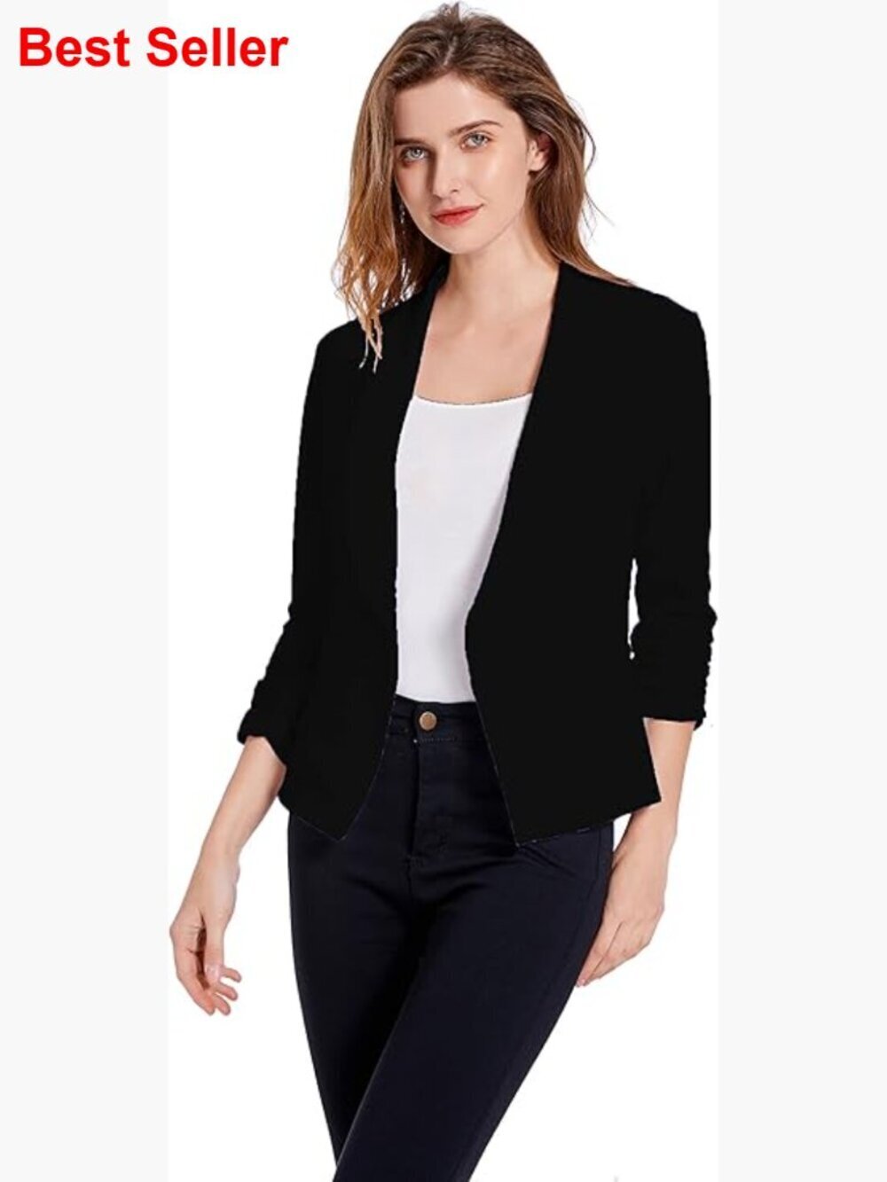 Soft Stretch Blazer Cardigan 3/4 Ruched Sleeve Business Casual Jacket